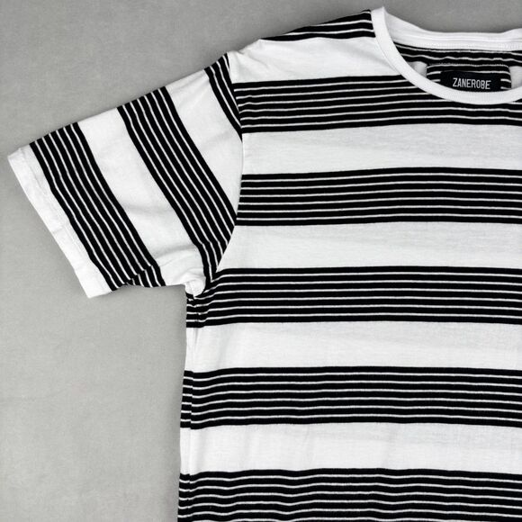 Zanerobe Shirt Mens M White Black Striped Crewneck Casual Cotton Long‎ Tee GUC - Picture 3 of 9